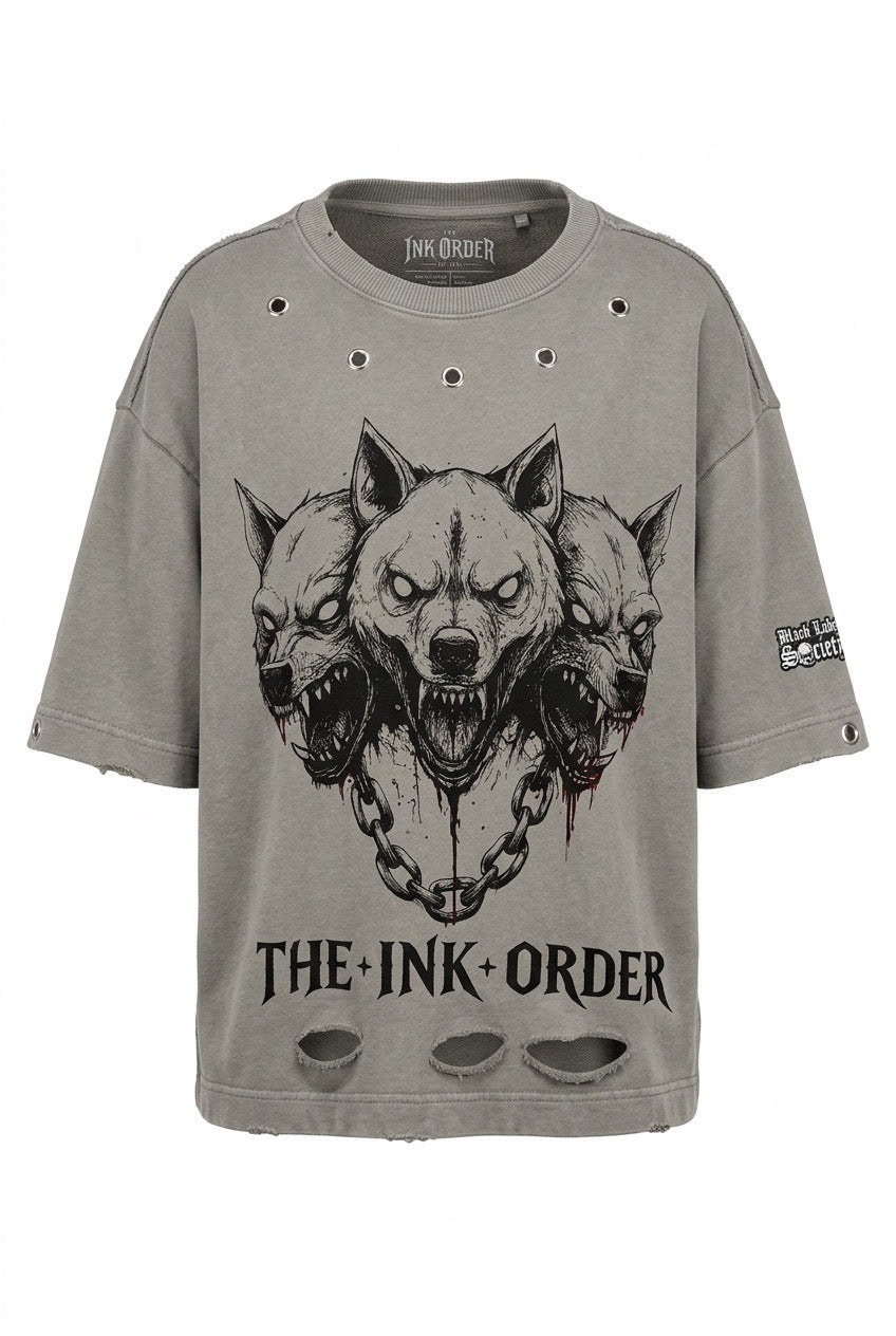 The ink Order - Custom Printed Rework T Shirt. 3 Headed Dog.