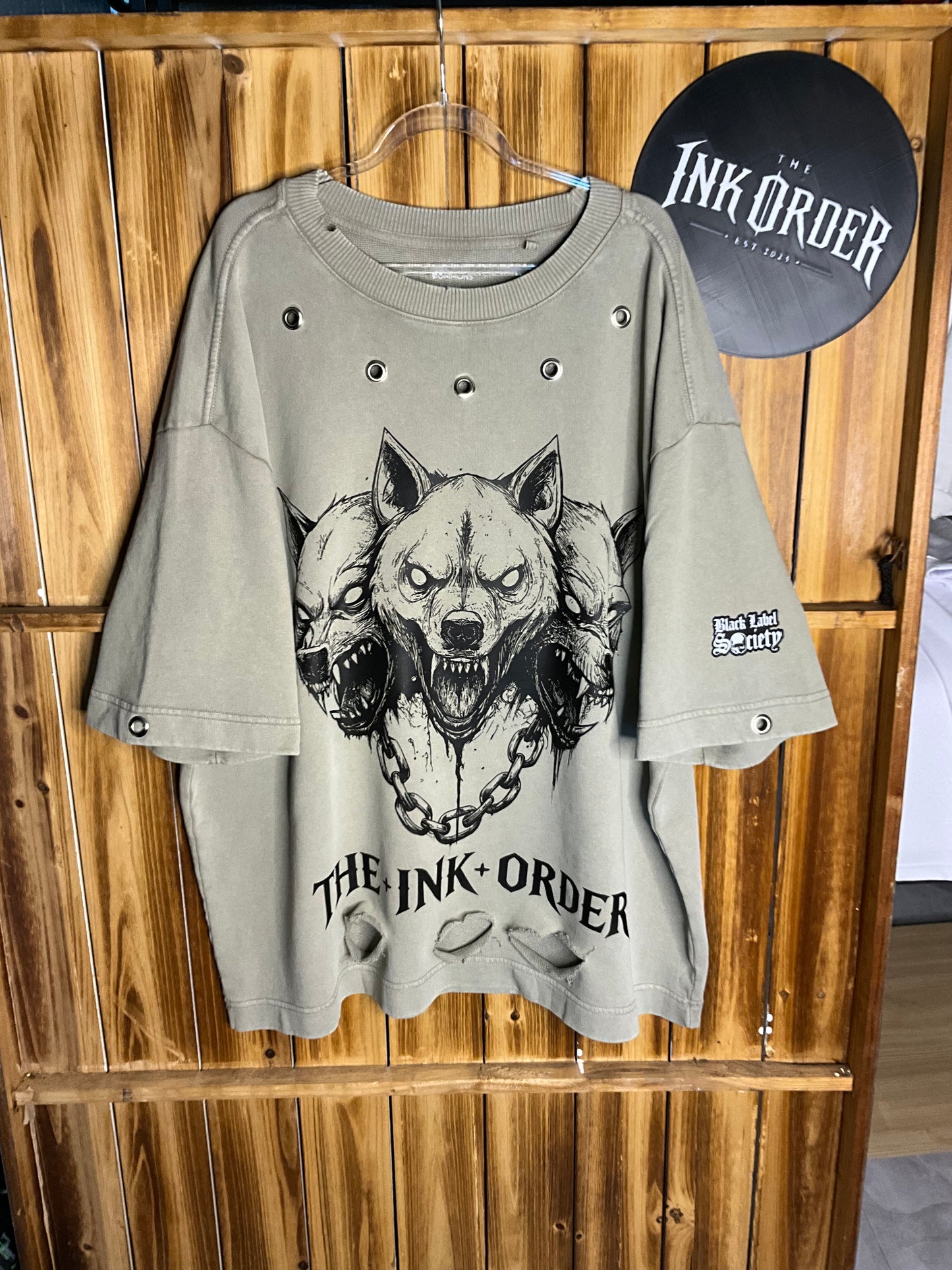 The ink Order - Custom Printed Rework T Shirt. 3 Headed Dog.